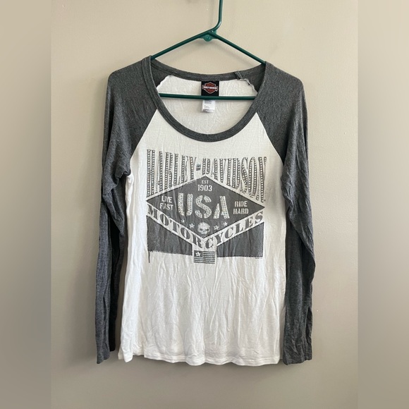 Harley-Davidson Tops - Harley Davidson‎ Burnout Baseball Tee - Woman's White Grey Rhinestone Graphic
